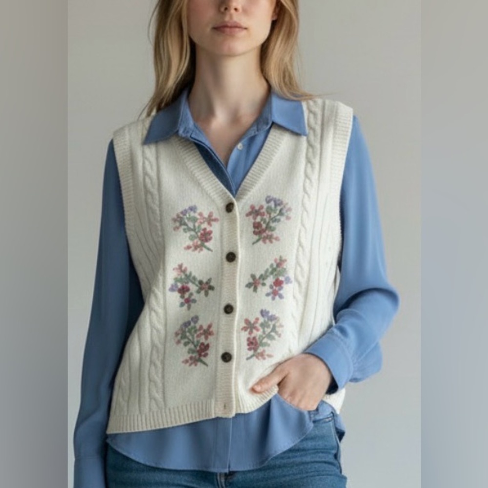 Vtg. Cottage Essentials Northern Reflections Cable Knit Embroid. Floral Vest L